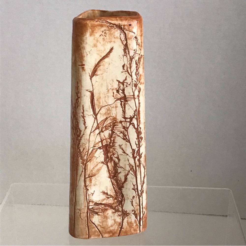 Kathy Devlin Handmade Impressed Leaf Tan-Brown Triangle Shape Pottery Vase -VTG